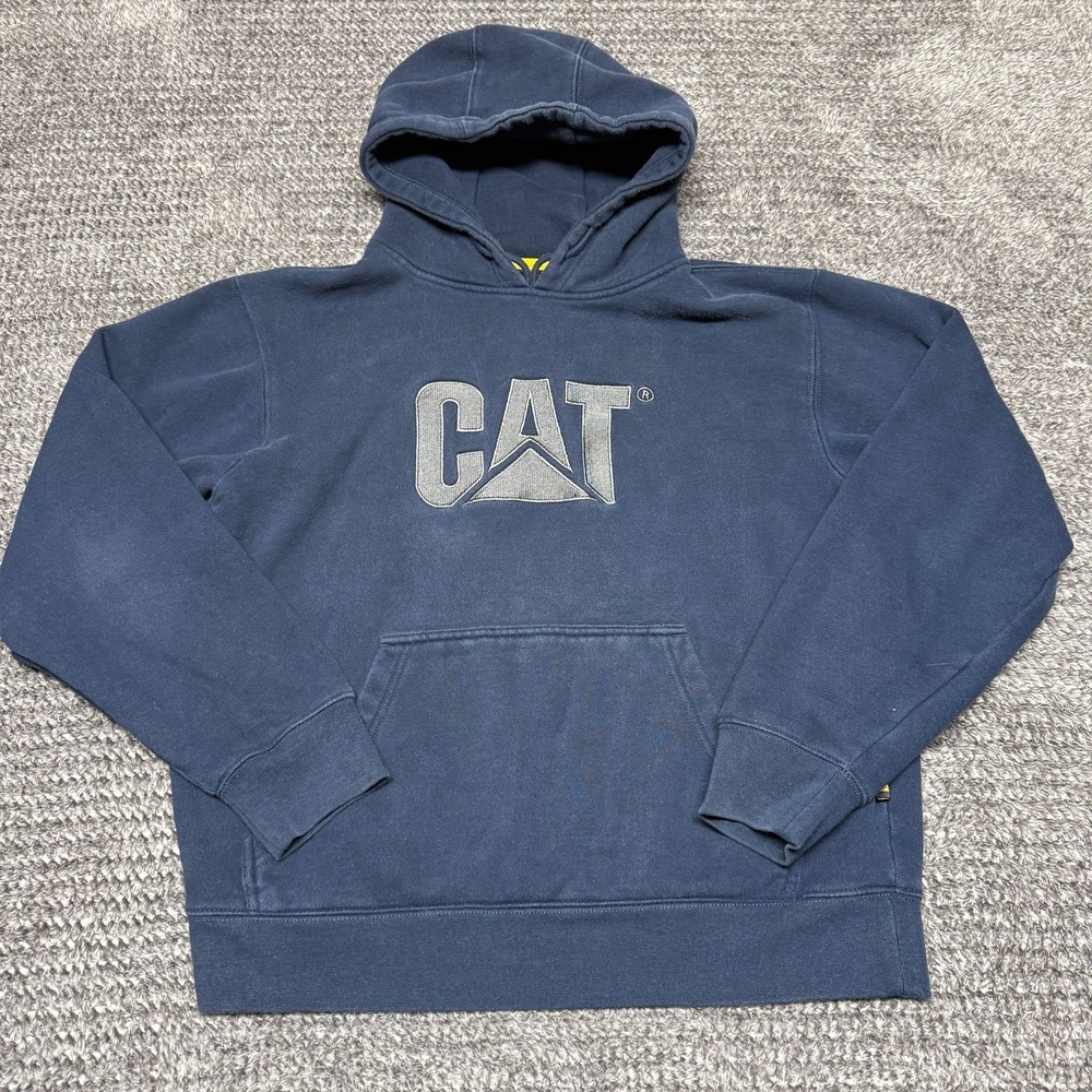 CAT Mens Hoodie‎ Sweatshirt Size M Pullover Embroidered Big Logo Faded Navy